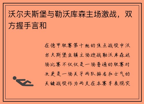 沃尔夫斯堡与勒沃库森主场激战，双方握手言和